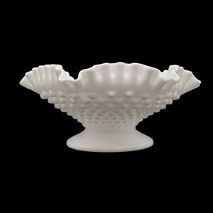 Vintage White Milk Glass Hobnail 8” Footed Fluted Ruffle Bowl